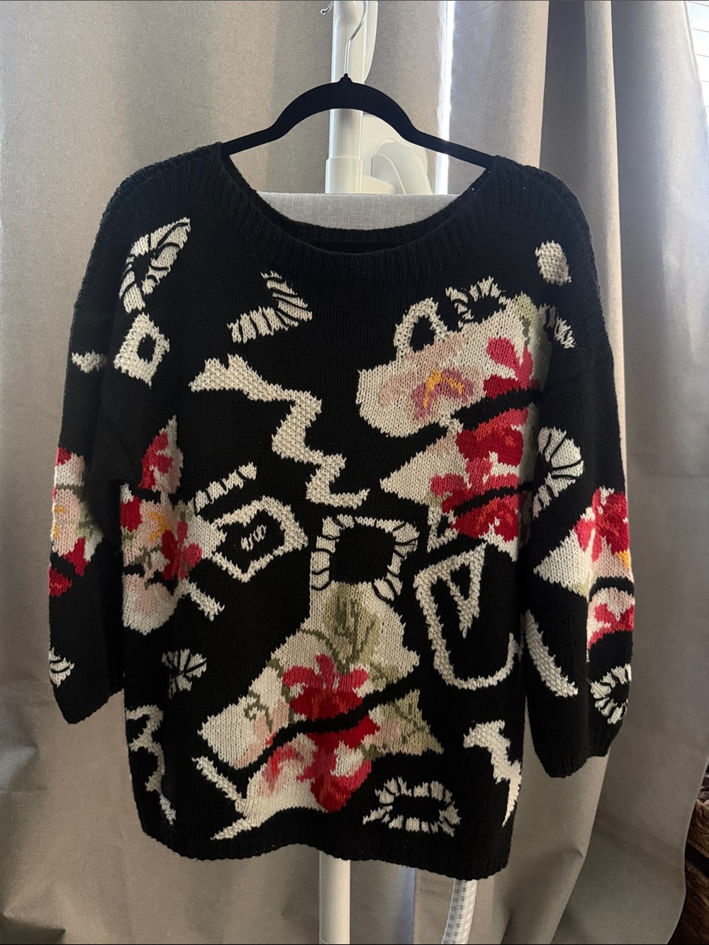 Black Floral Crewneck Sweater with Red & Cream Accents